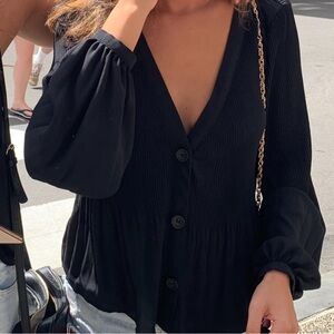 Zara | Pleated Blouse Top Shirt Women's SMALL Black Button Long Sleeve Boho